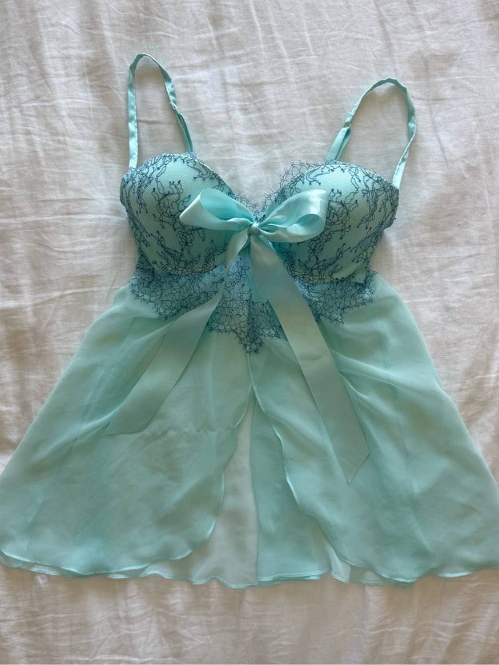 Victoria's Secret Sheer Aqua Lace-Trim Babydoll with Bow